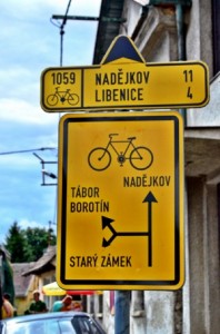 Bike route sign in Czech Republic; Tabor; bike touring; Vienna-Prague Greenways